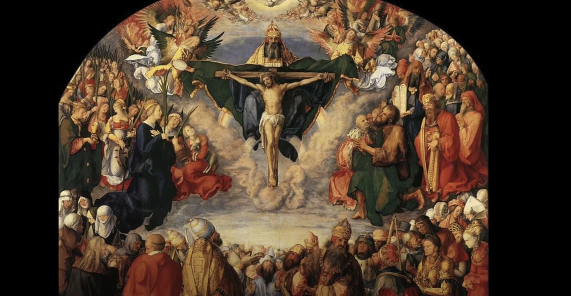 An image depicting a cross with Jesus, surrounded by people and angels.