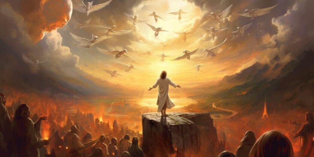 An imagery portraying Christ standing in an elevated position with people surrounding Him, accompanied by birds and enveloped in divine sun rays, symbolizing grace and God's benevolence towards humanity