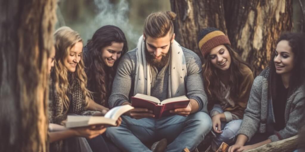 A joyful gathering of individuals engaged in a Bible study, seated side by side and enjoying their time together while reading the Bible.