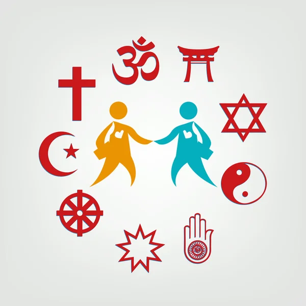 Icons showing different religions with 2 people in the middle