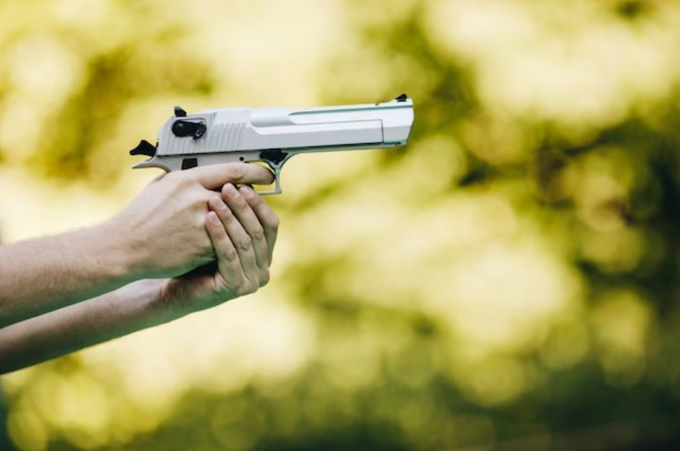 a gun in a hand against a blurry green background