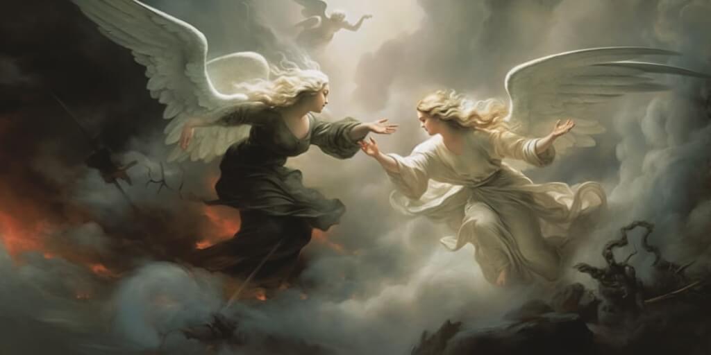 Two angels in dreamy clouds, one in white and the other in black